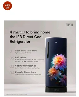 IFB 187L 5 Star Advanced Inverter Direct-Cool Single Door Refrigerator with 30 Hrs Cooling Retention, Big Vegetable Box, 4 Year Super Warranty & Base Stand (2026, IFBDC-213EYBNED, Divine Bliss Blue)