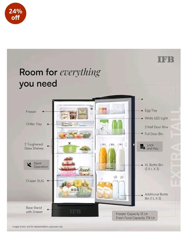 IFB 187L 5 Star Advanced Inverter Direct-Cool Single Door Refrigerator with 30 Hrs Cooling Retention, Big Vegetable Box, 4 Year Super Warranty & Base Stand (2026, IFBDC-213EYBNED, Divine Bliss Blue)
