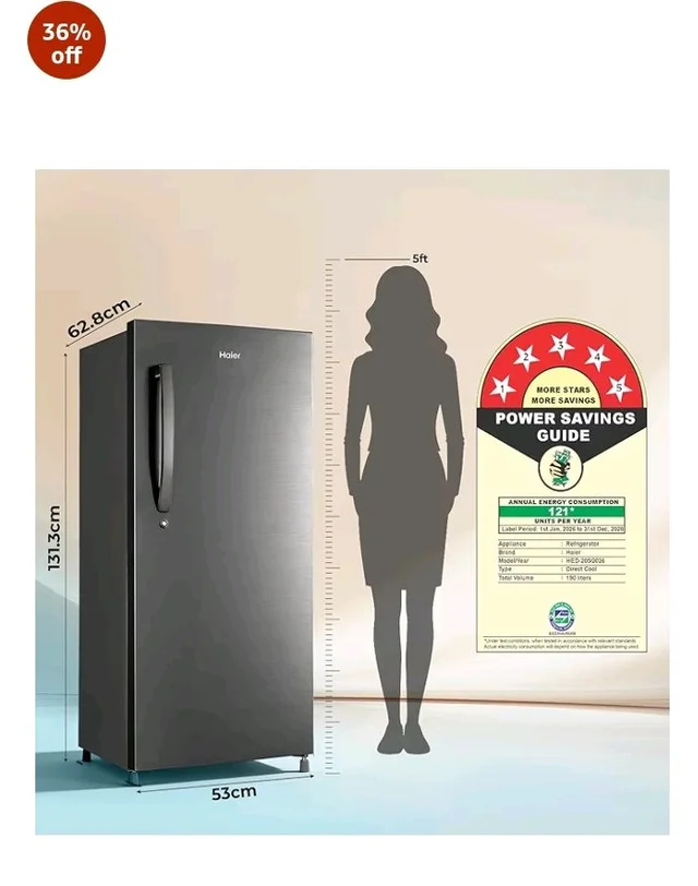 Haier 190 L 5 Star Direct Cool Inverter Single Door Refrigerator with Fast Ice Making, Easy Clean Back, Large Vegetable Box (HED-205DSA-P, Dazzle Steel, 2026 Model)