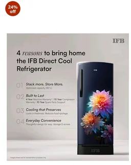IFB 187L 5 Star Advanced Inverter Direct-Cool Single Door Refrigerator with 30 Hrs Cooling Retention, Big Vegetable Box, 4 Year Super Warranty & Base Stand (2026, IFBDC-213EYBNED, Divine Bliss Blue)