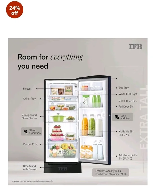 IFB 187L 5 Star Advanced Inverter Direct-Cool Single Door Refrigerator with 30 Hrs Cooling Retention, Big Vegetable Box, 4 Year Super Warranty & Base Stand (2026, IFBDC-213EYBNED, Divine Bliss Blue)