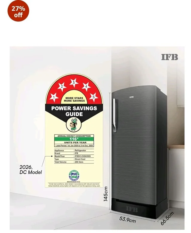 IFB 206L 5 Star Advanced Inverter Direct-Cool Single Door Refrigerator with 30 Hrs Cooling Retention, Big Vegetable Box, 4 Year Super Warranty & Base Stand (2026, IFBDC-232EYOSED, Onyx Grey)