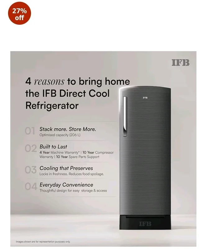 IFB 206L 5 Star Advanced Inverter Direct-Cool Single Door Refrigerator with 30 Hrs Cooling Retention, Big Vegetable Box, 4 Year Super Warranty & Base Stand (2026, IFBDC-232EYOSED, Onyx Grey)