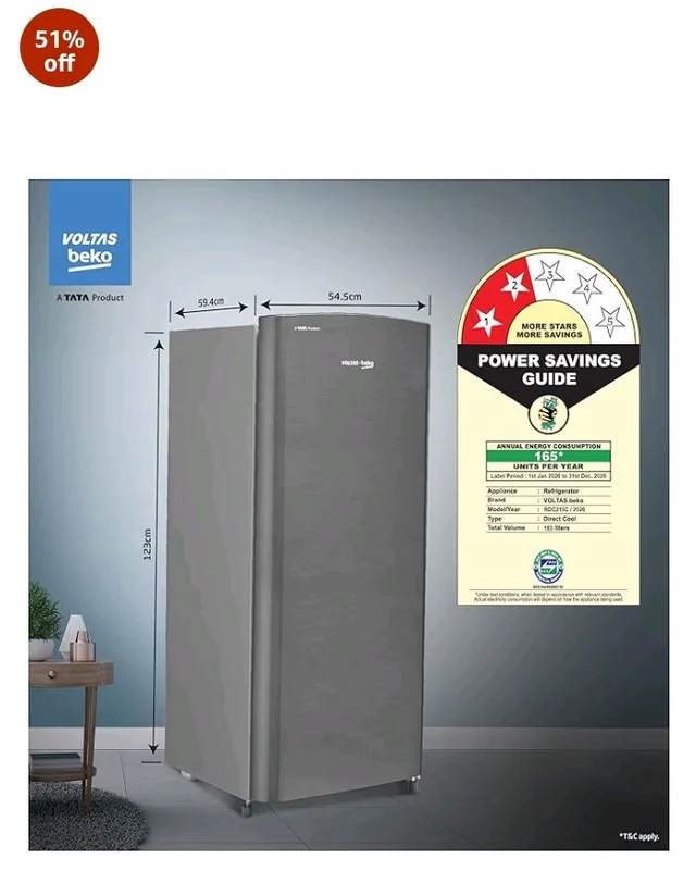Voltas Beko, A Tata Product 183 L, 2-Star Single Door Direct Cool Refrigerator with Fresh Box Technology (RDC215C / 2S0XIR0M0000GO, Hairline Silver)