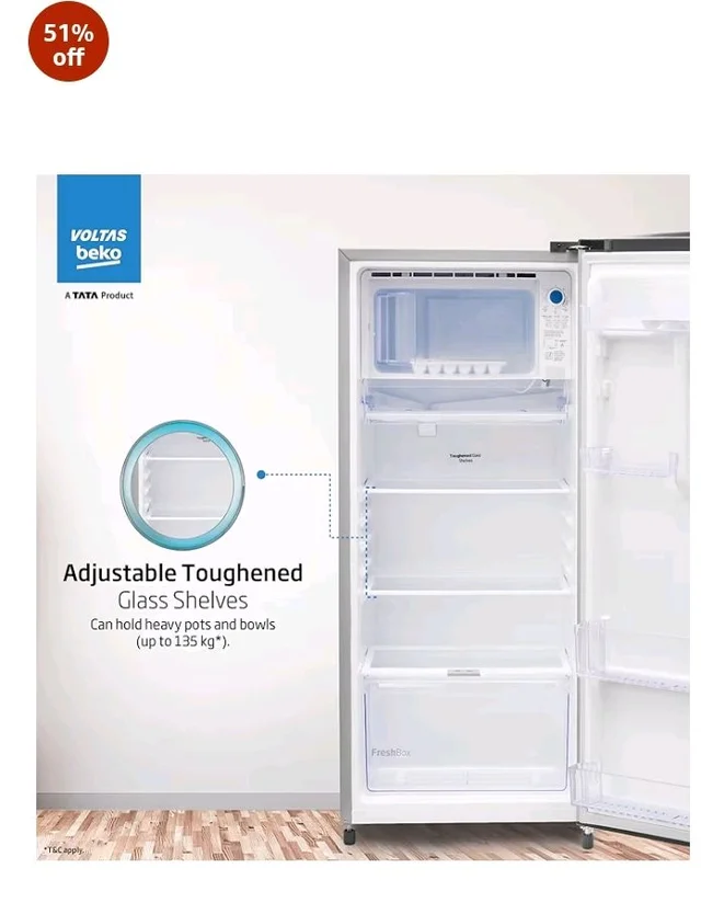 Voltas Beko, A Tata Product 183 L, 2-Star Single Door Direct Cool Refrigerator with Fresh Box Technology (RDC215C / 2S0XIR0M0000GO, Hairline Silver)