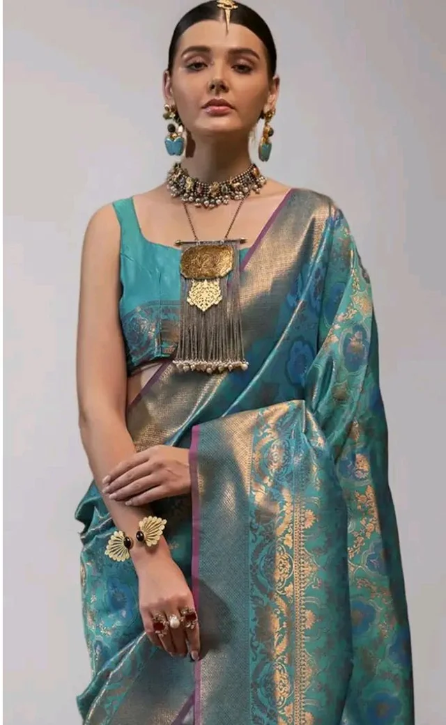 SWORNOF Womens Kanjivaram Silk Saree with Zari Woven Saree With Blouse Piece
