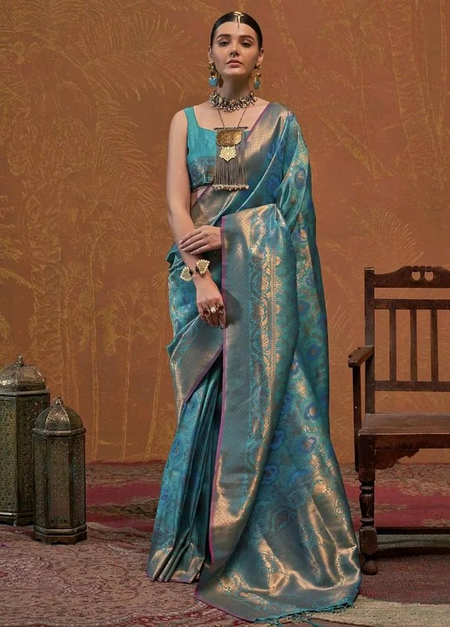 SWORNOF Womens Kanjivaram Silk Saree with Zari Woven Saree With Blouse Piece
