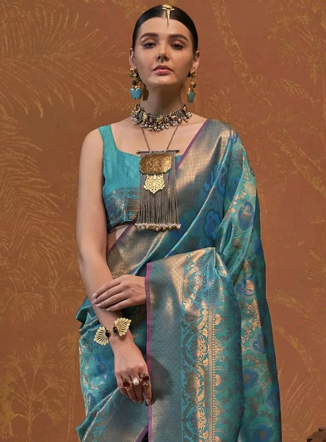 SWORNOF Womens Kanjivaram Silk Saree with Zari Woven Saree With Blouse Piece