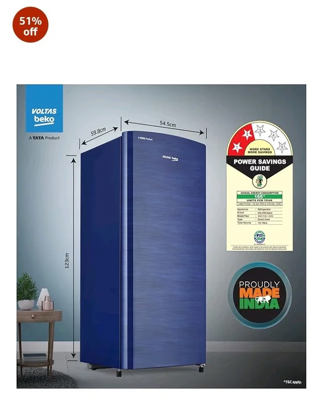 Voltas Beko, A Tata Product 183 L, 2-Star Single Door Direct Cool Refrigerator with Fresh Box Technology (RDC215C / 2S0XER0M0000GO, Hairline Blue)