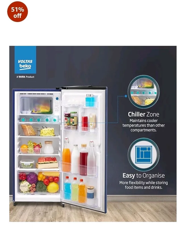 Voltas Beko, A Tata Product 183 L, 2-Star Single Door Direct Cool Refrigerator with Fresh Box Technology (RDC215C / 2S0XER0M0000GO, Hairline Blue)