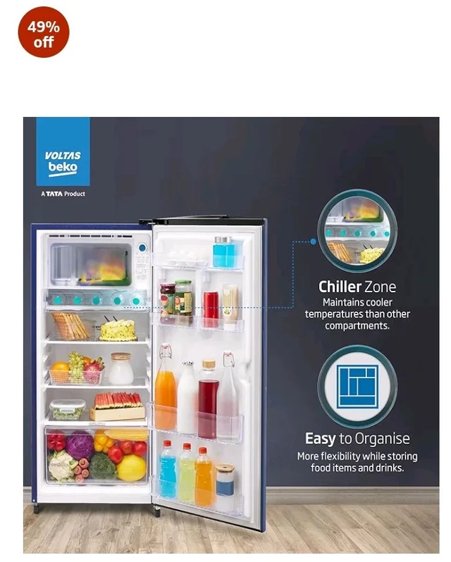 Voltas Beko, A Tata Product 183 L, 2-Star Single Door Direct Cool Refrigerator with Fresh Box Technology (RDC215C / 2S0WBR0M0000GO, Stella Blue)