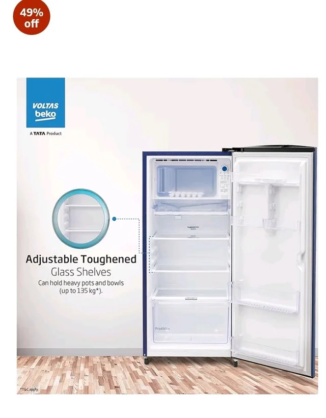 Voltas Beko, A Tata Product 183 L, 2-Star Single Door Direct Cool Refrigerator with Fresh Box Technology (RDC215C / 2S0WBR0M0000GO, Stella Blue)
