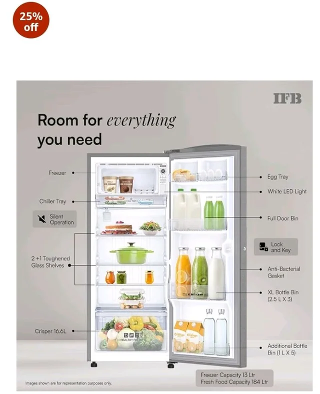 IFB 197L 5 Star Advanced Inverter Direct-Cool Single Door Refrigerator with 30 Hrs Cooling Retention, XL Bottle Bin, Big Vegetable Box & 4 Year Super Warranty (2026, IFBDC-223EYBSE, Brush Grey)