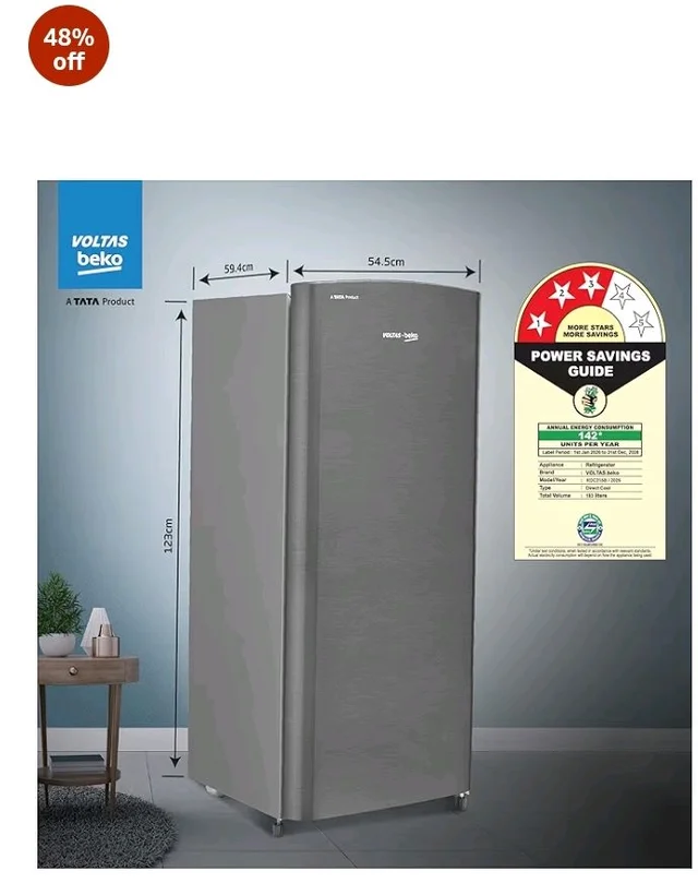 Voltas Beko, A Tata Product 183 L, 3-Star Single Door Direct Cool Refrigerator with Fresh Box Technology (RDC215B / 3S0XIR0M0000GO, Hairline Silver)
48%
off