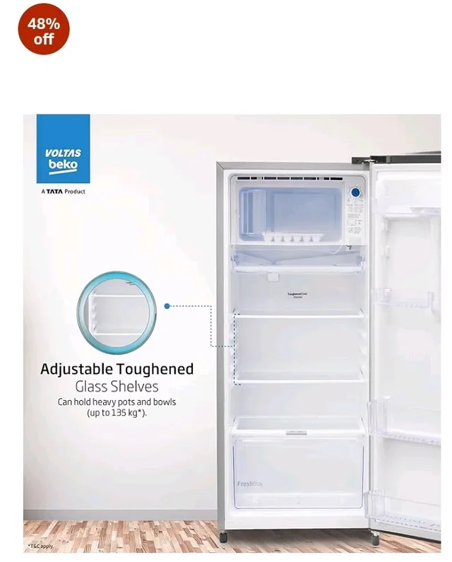 Voltas Beko, A Tata Product 183 L, 3-Star Single Door Direct Cool Refrigerator with Fresh Box Technology (RDC215B / 3S0XIR0M0000GO, Hairline Silver)
48%
off