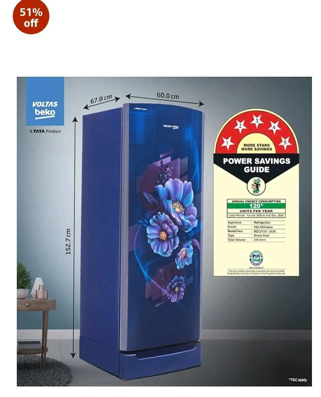 Voltas Beko, A Tata Product 208 L, 5-Star Single Door Direct Cool Refrigerator with Fresh Box Technology (RDC240V / 5W0BBR0M0B00GO, Bonita Blue)