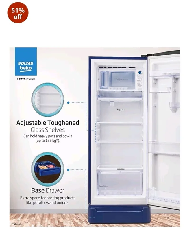 Voltas Beko, A Tata Product 208 L, 5-Star Single Door Direct Cool Refrigerator with Fresh Box Technology (RDC240V / 5W0BBR0M0B00GO, Bonita Blue)