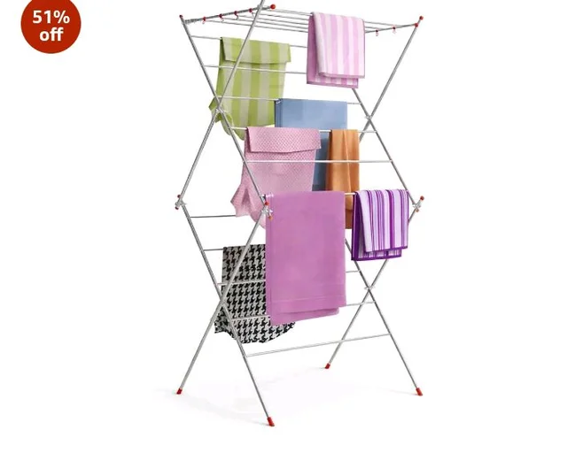 BonKaso Heavy Duty 3-Tier Foldable Cloth Drying Stand with 16 Rods & 8 Hooks for Indoor, Outdoor & Balcony Use | Durable Foldable Cloth Stand for Drying Laundry (85D x 58.5W x 156H) Silver & Orange
300+ bought in past month
51%
off