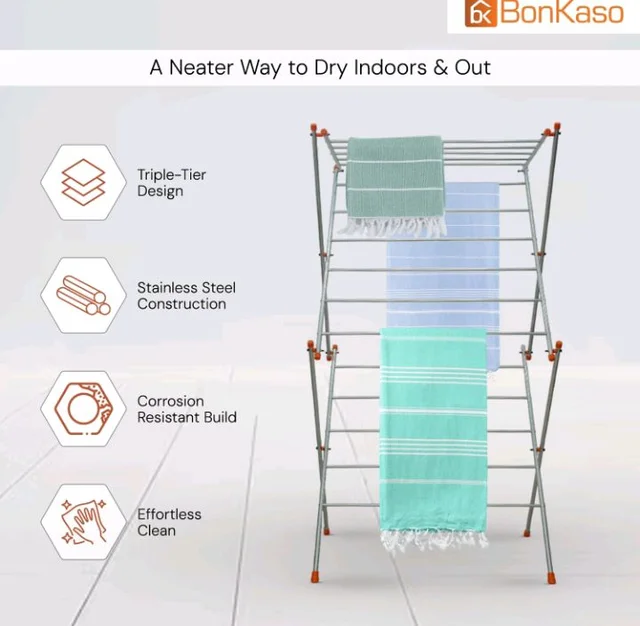 BonKaso Heavy Duty 3-Tier Foldable Cloth Drying Stand with 16 Rods & 8 Hooks for Indoor, Outdoor & Balcony Use | Durable Foldable Cloth Stand for Drying Laundry (85D x 58.5W x 156H) Silver & Orange
300+ bought in past month
51%
off