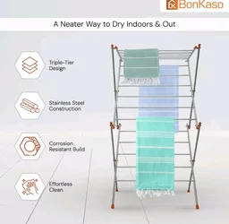 BonKaso Heavy Duty 3-Tier Foldable Cloth Drying Stand with 16 Rods & 8 Hooks for Indoor, Outdoor & Balcony Use | Durable Foldable Cloth Stand for Drying Laundry (85D x 58.5W x 156H) Silver & Orange
300+ bought in past month
51%
off