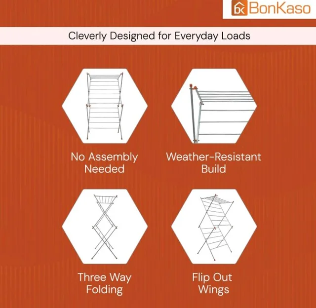 BonKaso Heavy Duty 3-Tier Foldable Cloth Drying Stand with 16 Rods & 8 Hooks for Indoor, Outdoor & Balcony Use | Durable Foldable Cloth Stand for Drying Laundry (85D x 58.5W x 156H) Silver & Orange
300+ bought in past month
51%
off