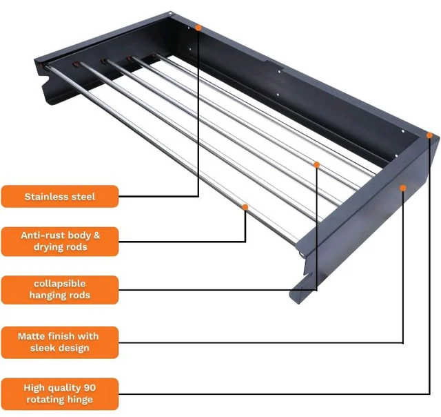 BonKaso Prime Foldable Wall Mounted Clothes Drying Rack| Heavy Duty Stainless Steel pipe - 5 Pipes| Retractable Collapsible Dryer Stand for Balcony, Indoor & Outdoor(11H x73.5Wx37D) Space Saver– Black
50+ bought in past month