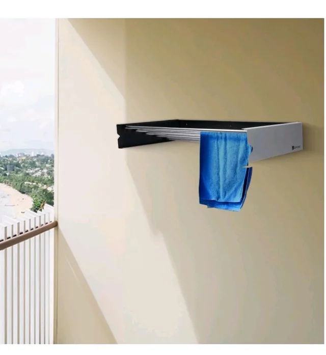 BonKaso Stainless Steel Space Saver Folding Cloth Dryer Stand Wall Mounted Retractable Clothes Drying Rope Hanger, Foldable Cloth line Use Indoor and Outdoor for Home Black & White