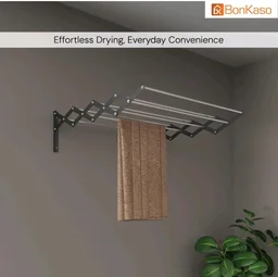 BonKaso 8 Rod Multi Foldable Clothes Drying Stand | Heavy Duty, Rust-Free, Stainless Steel, Wall Mounted Expandable (3.5 Feet) Hanger for Balcony, Bathroom | (106D x 15.5W x 18.8H)
