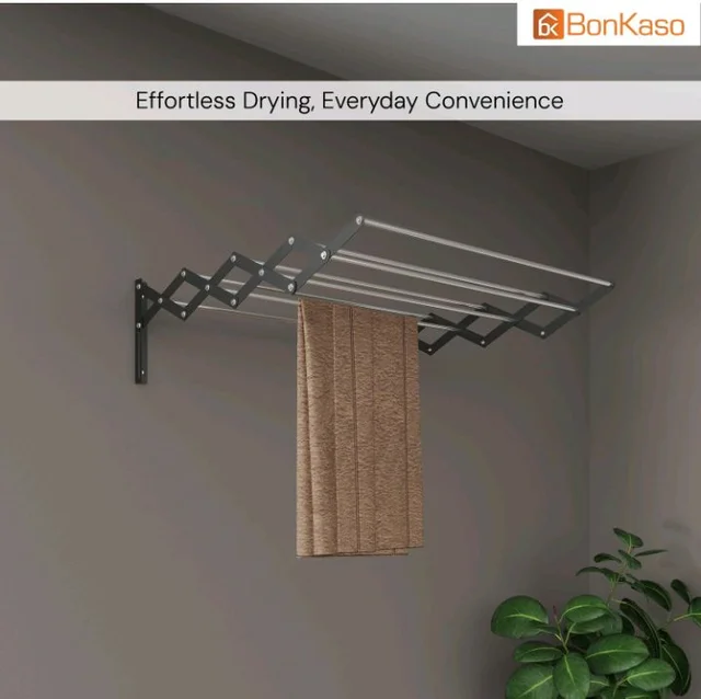 BonKaso 8 Rod Multi Foldable Clothes Drying Stand | Heavy Duty, Rust-Free, Stainless Steel, Wall Mounted Expandable (3.5 Feet) Hanger for Balcony, Bathroom | (106D x 15.5W x 18.8H)
