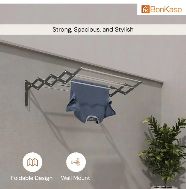 BonKaso 8 Rod Multi Foldable Clothes Drying Stand | Heavy Duty, Rust-Free, Stainless Steel, Wall Mounted Expandable (3.5 Feet) Hanger for Balcony, Bathroom | (106D x 15.5W x 18.8H)