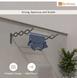 BonKaso 8 Rod Multi Foldable Clothes Drying Stand | Heavy Duty, Rust-Free, Stainless Steel, Wall Mounted Expandable (3.5 Feet) Hanger for Balcony, Bathroom | (106D x 15.5W x 18.8H)