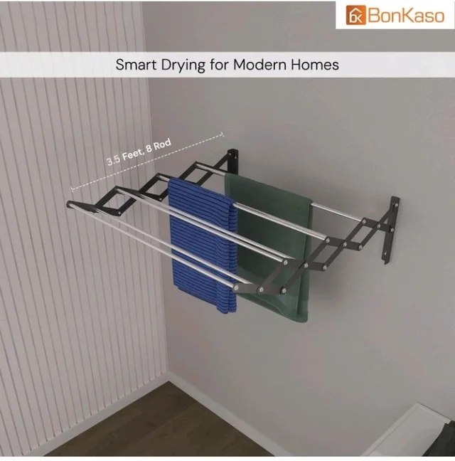 BonKaso 8 Rod Multi Foldable Clothes Drying Stand | Heavy Duty, Rust-Free, Stainless Steel, Wall Mounted Expandable (3.5 Feet) Hanger for Balcony, Bathroom | (106D x 15.5W x 18.8H)