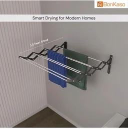 BonKaso 8 Rod Multi Foldable Clothes Drying Stand | Heavy Duty, Rust-Free, Stainless Steel, Wall Mounted Expandable (3.5 Feet) Hanger for Balcony, Bathroom | (106D x 15.5W x 18.8H)