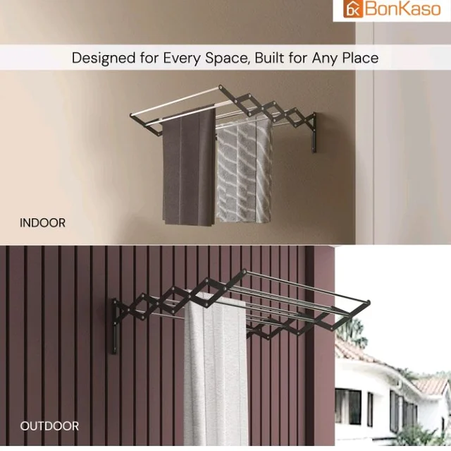 BonKaso 8 Rod Multi Foldable Clothes Drying Stand | Heavy Duty, Rust-Free, Stainless Steel, Wall Mounted Expandable (3.5 Feet) Hanger for Balcony, Bathroom | (106D x 15.5W x 18.8H)