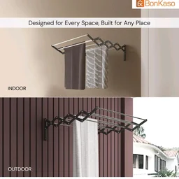 BonKaso 8 Rod Multi Foldable Clothes Drying Stand | Heavy Duty, Rust-Free, Stainless Steel, Wall Mounted Expandable (3.5 Feet) Hanger for Balcony, Bathroom | (106D x 15.5W x 18.8H)