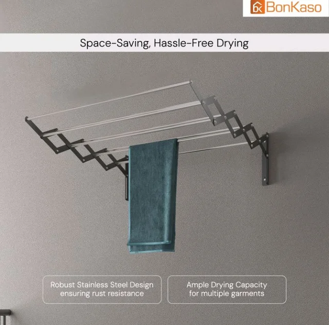 BonKaso 8 Rod Multi Foldable Clothes Drying Stand | Heavy Duty, Rust-Free, Stainless Steel, Wall Mounted Expandable (3.5 Feet) Hanger for Balcony, Bathroom | (106D x 15.5W x 18.8H)