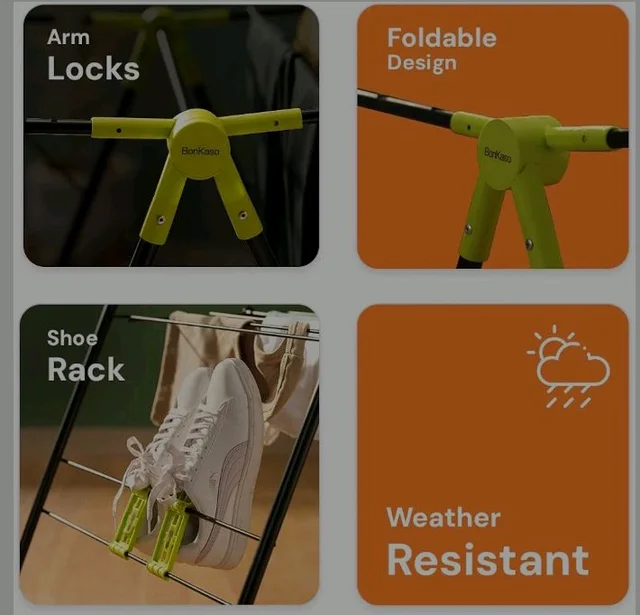 BonKaso Premium Steel Foldable Cloth Dryer Stand | Heavy Duty Clothes Drying Rack with Arm Lock & Soc