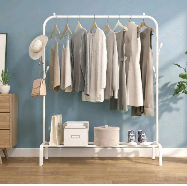 Lukzer | Heavy-Duty Metal Garment Rack with Bottom Storage Shelf & 4 Side Hooks | Freestanding Clothes Stand for Bedroom, Entryway, Living Room | White | 40 x 110 x 148 cm | Model No. MGS-001
