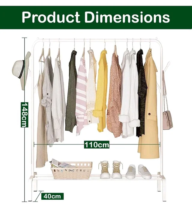 Lukzer | Heavy-Duty Metal Garment Rack with Bottom Storage Shelf & 4 Side Hooks | Freestanding Clothes Stand for Bedroom, Entryway, Living Room | White | 40 x 110 x 148 cm | Model No. MGS-001