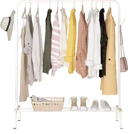 Lukzer | Heavy-Duty Metal Garment Rack with Bottom Storage Shelf & 4 Side Hooks | Freestanding Clothes Stand for Bedroom, Entryway, Living Room | White | 40 x 110 x 148 cm | Model No. MGS-001