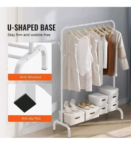 Lukzer | Heavy-Duty Metal Garment Rack with Bottom Storage Shelf & 4 Side Hooks | Freestanding Clothes Stand for Bedroom, Entryway, Living Room | White | 40 x 110 x 148 cm | Model No. MGS-001