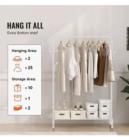 Lukzer | Heavy-Duty Metal Garment Rack with Bottom Storage Shelf & 4 Side Hooks | Freestanding Clothes Stand for Bedroom, Entryway, Living Room | White | 40 x 110 x 148 cm | Model No. MGS-001