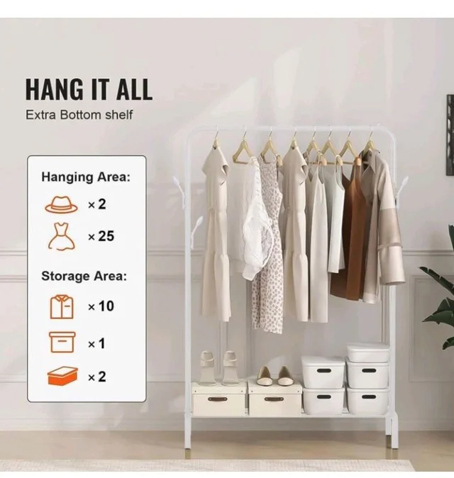 Lukzer | Heavy-Duty Metal Garment Rack with Bottom Storage Shelf & 4 Side Hooks | Freestanding Clothes Stand for Bedroom, Entryway, Living Room | White | 40 x 110 x 148 cm | Model No. MGS-001