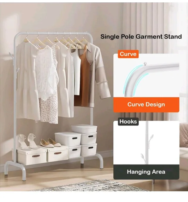Lukzer | Heavy-Duty Metal Garment Rack with Bottom Storage Shelf & 4 Side Hooks | Freestanding Clothes Stand for Bedroom, Entryway, Living Room | White | 40 x 110 x 148 cm | Model No. MGS-001