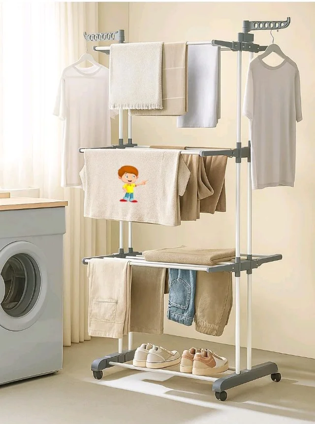 FLIPZON Premium 3 Layer Clothes Drying Stand with Wheels | Foldable Wings | Double Pole Alloy Steel Rack | 360° Rotatable Hanger Rods | Portable Balcony Laundry Dryer (White & Grey)