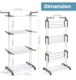 FLIPZON Premium 3 Layer Clothes Drying Stand with Wheels | Foldable Wings | Double Pole Alloy Steel Rack | 360° Rotatable Hanger Rods | Portable Balcony Laundry Dryer (White & Grey)