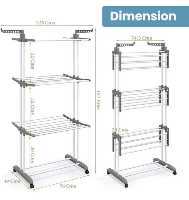 FLIPZON Premium 3 Layer Clothes Drying Stand with Wheels | Foldable Wings | Double Pole Alloy Steel Rack | 360° Rotatable Hanger Rods | Portable Balcony Laundry Dryer (White & Grey)