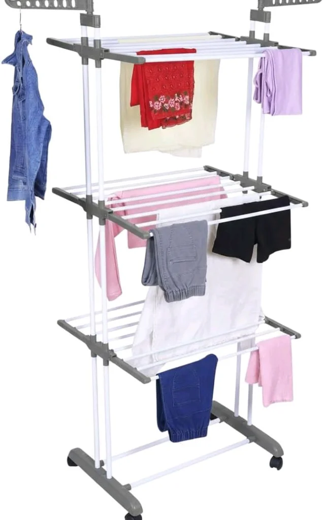 FLIPZON Premium 3 Layer Clothes Drying Stand with Wheels | Foldable Wings | Double Pole Alloy Steel Rack | 360° Rotatable Hanger Rods | Portable Balcony Laundry Dryer (White & Grey)