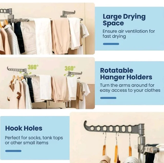 FLIPZON Premium 3 Layer Clothes Drying Stand with Wheels | Foldable Wings | Double Pole Alloy Steel Rack | 360° Rotatable Hanger Rods | Portable Balcony Laundry Dryer (White & Grey)