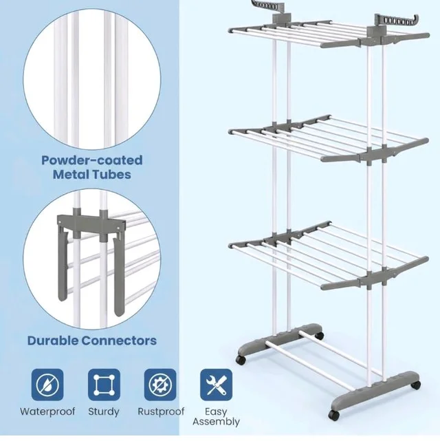 FLIPZON Premium 3 Layer Clothes Drying Stand with Wheels | Foldable Wings | Double Pole Alloy Steel Rack | 360° Rotatable Hanger Rods | Portable Balcony Laundry Dryer (White & Grey)